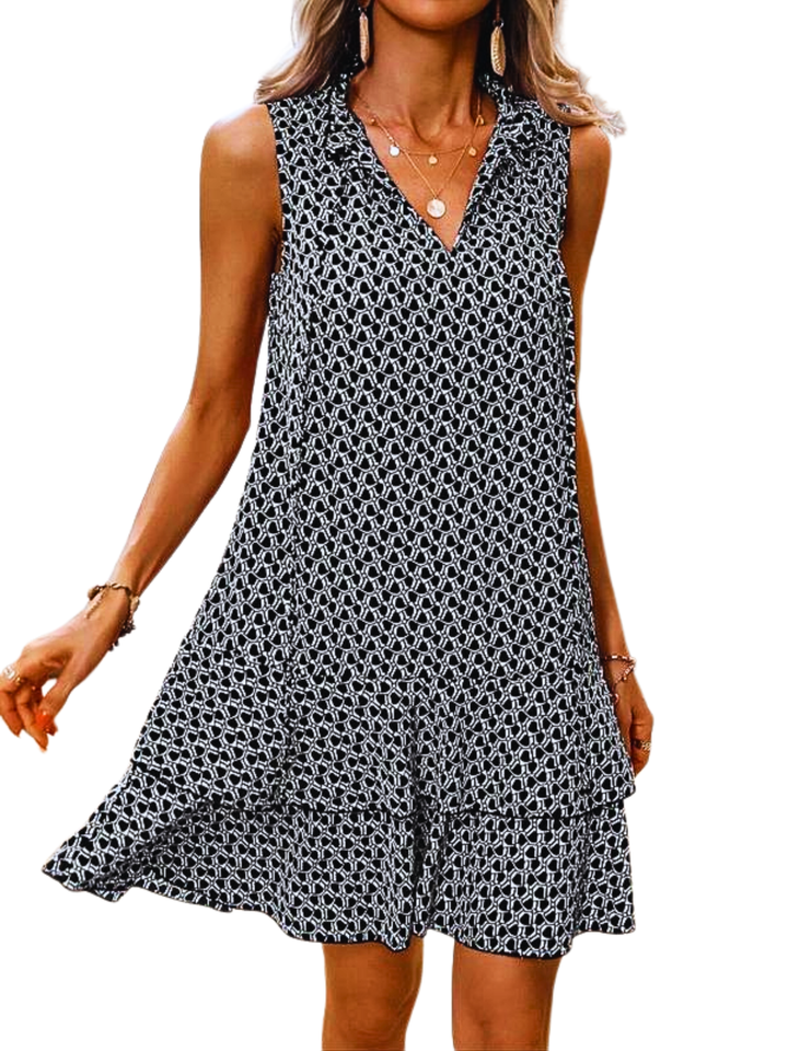 Dora – Geometric Print Bow Multi-Layer Cake Skirt Dress