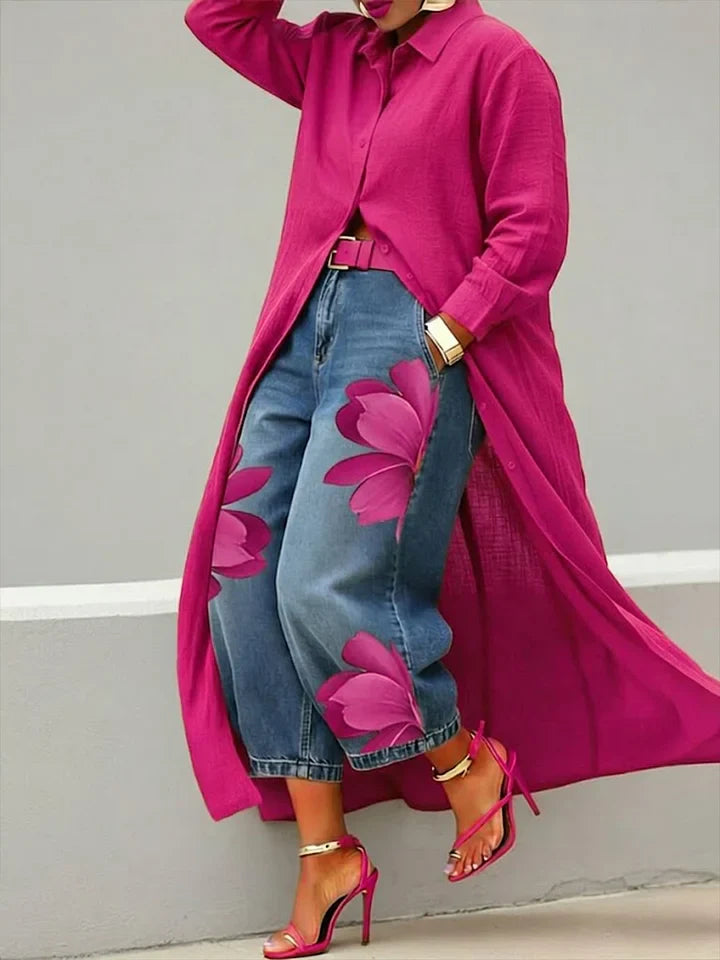 Sylvia – Linen Shirt Dress and Floral Jeans Set