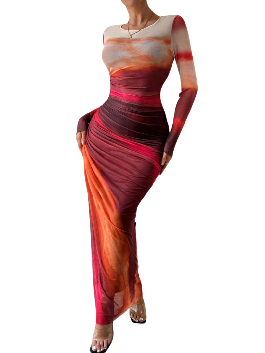 Sally – All-Over Print Ruched Bodycon Long Sleeve Round Neck Party Dress