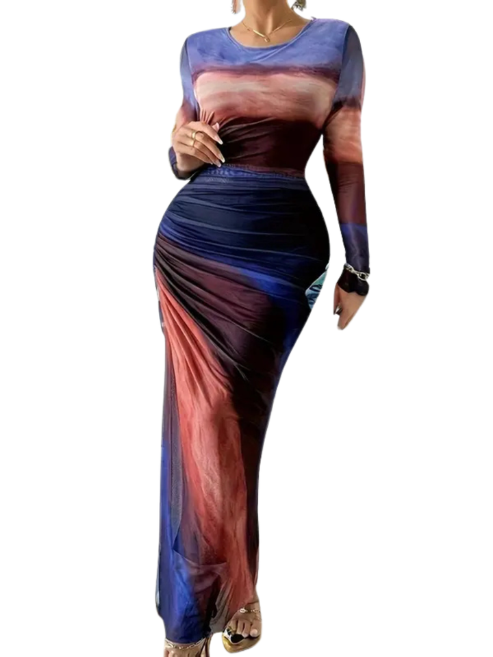 Sally – All-Over Print Ruched Bodycon Long Sleeve Round Neck Party Dress