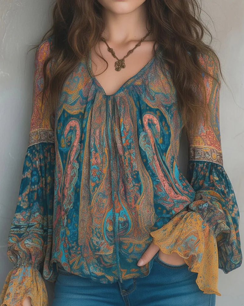 Ottoline – Bohemian V-Neck Blouse With Flared Sleeves