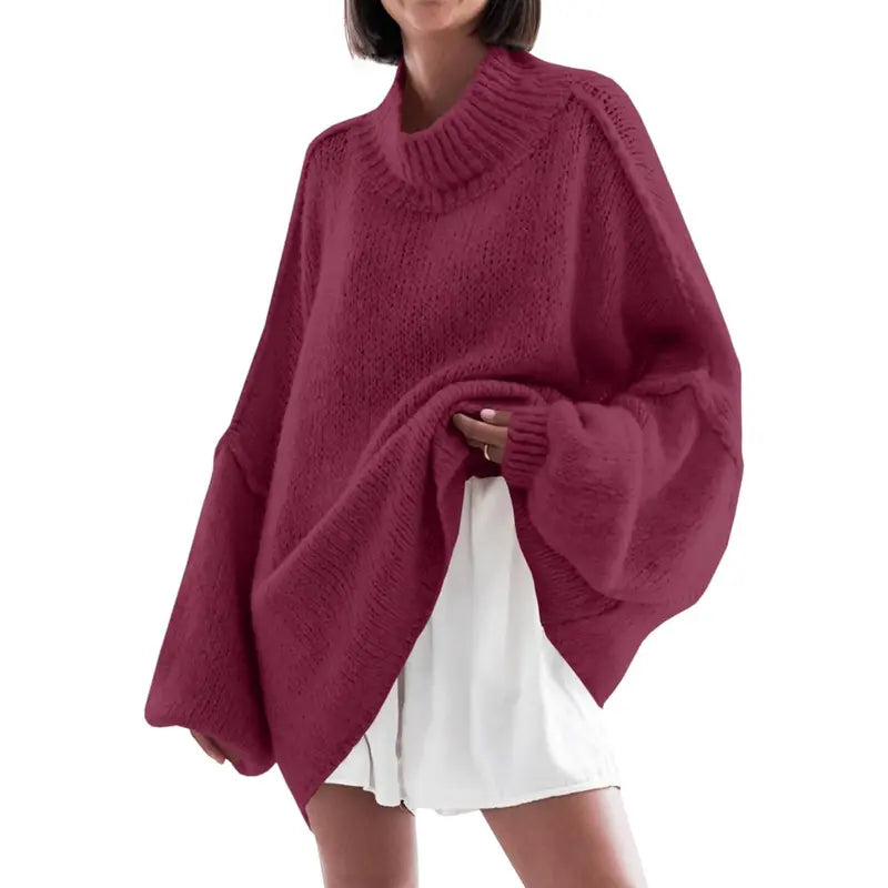 Anthea – Ribbed Knit Mock Neck Batwing Long Sleeve Tunic Sweater