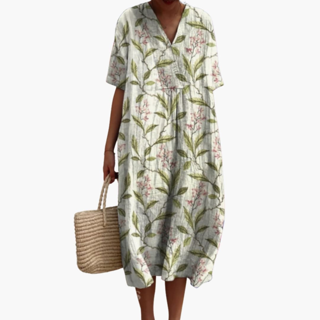 Shirley – Floral Cotton V-Neck Short Sleeve Oversized Casual Midi Dress