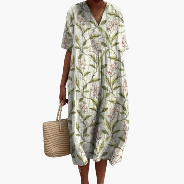 Shirley – Floral Cotton V-Neck Short Sleeve Oversized Casual Midi Dress