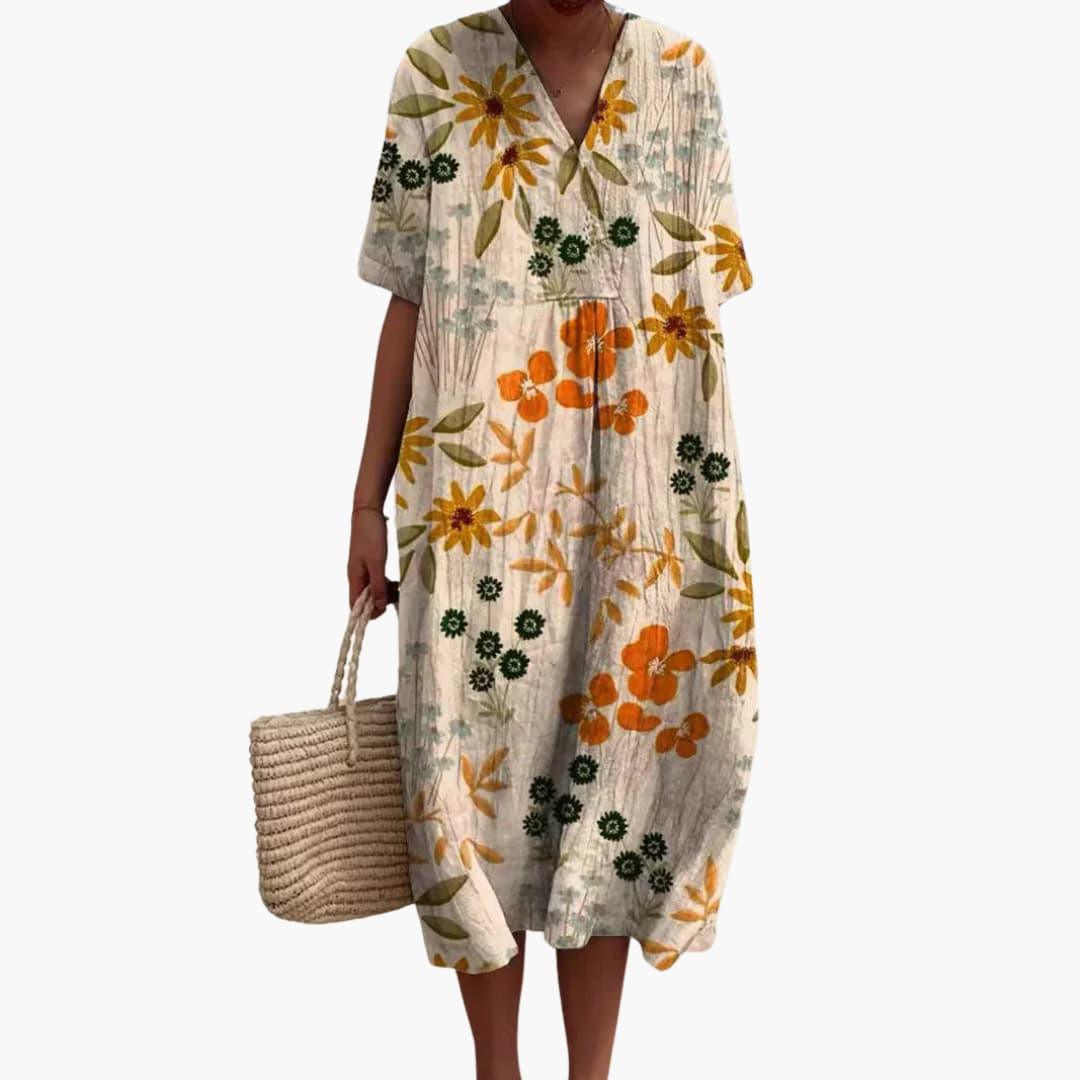 Shirley – Floral Cotton V-Neck Short Sleeve Oversized Casual Midi Dress