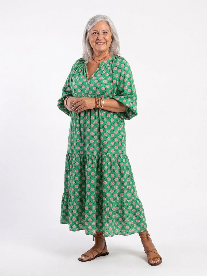 Betty – Floral Print V-Neck Tiered Midi Dress