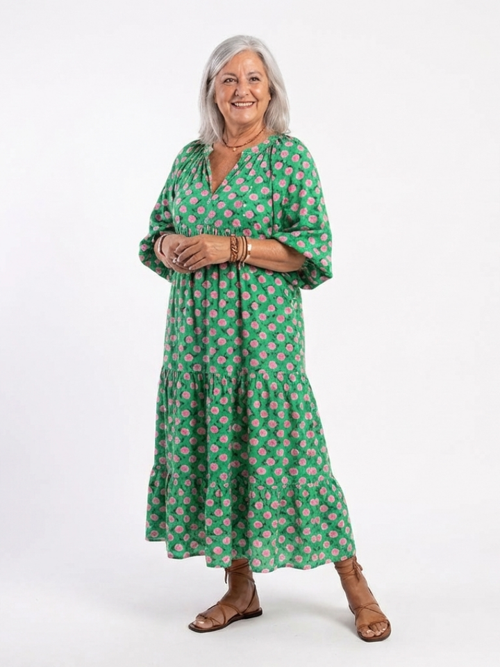 Betty – Floral Print V-Neck Tiered Midi Dress