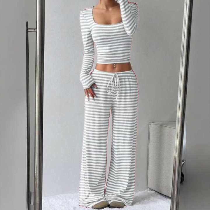Stephanie – Ribbed Crop Top and Elastic Waist Pants Casual Set