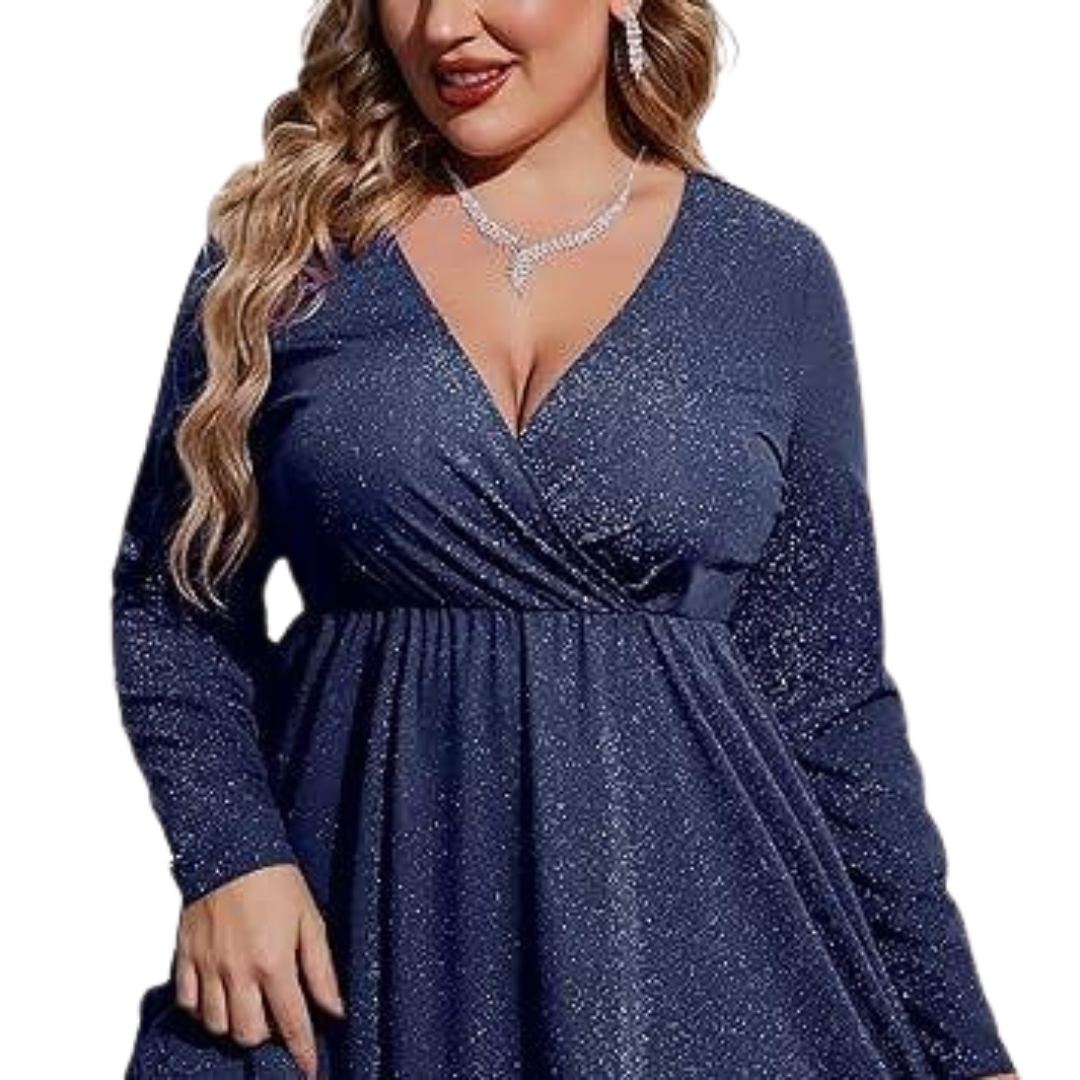 Eileen – Plus Size Glitter V-Neck Ruffle Hem Swing Cocktail Dress