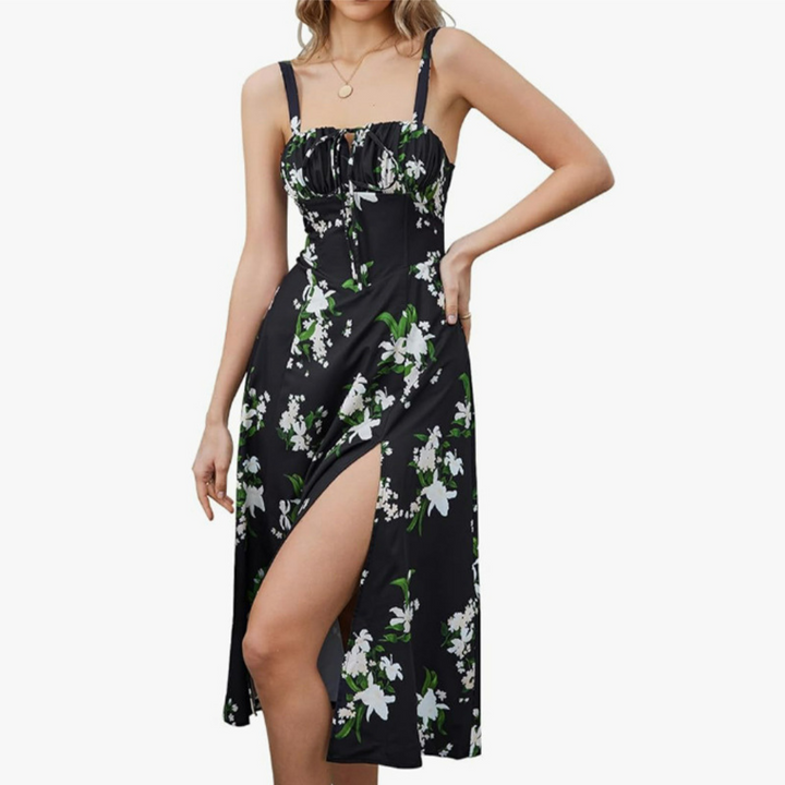 Anthea – Elegant Lace-Up Square Neck Midi Dress