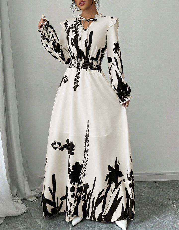 Sally – Elegant Long Sleeve Floral Print A-Line Dress