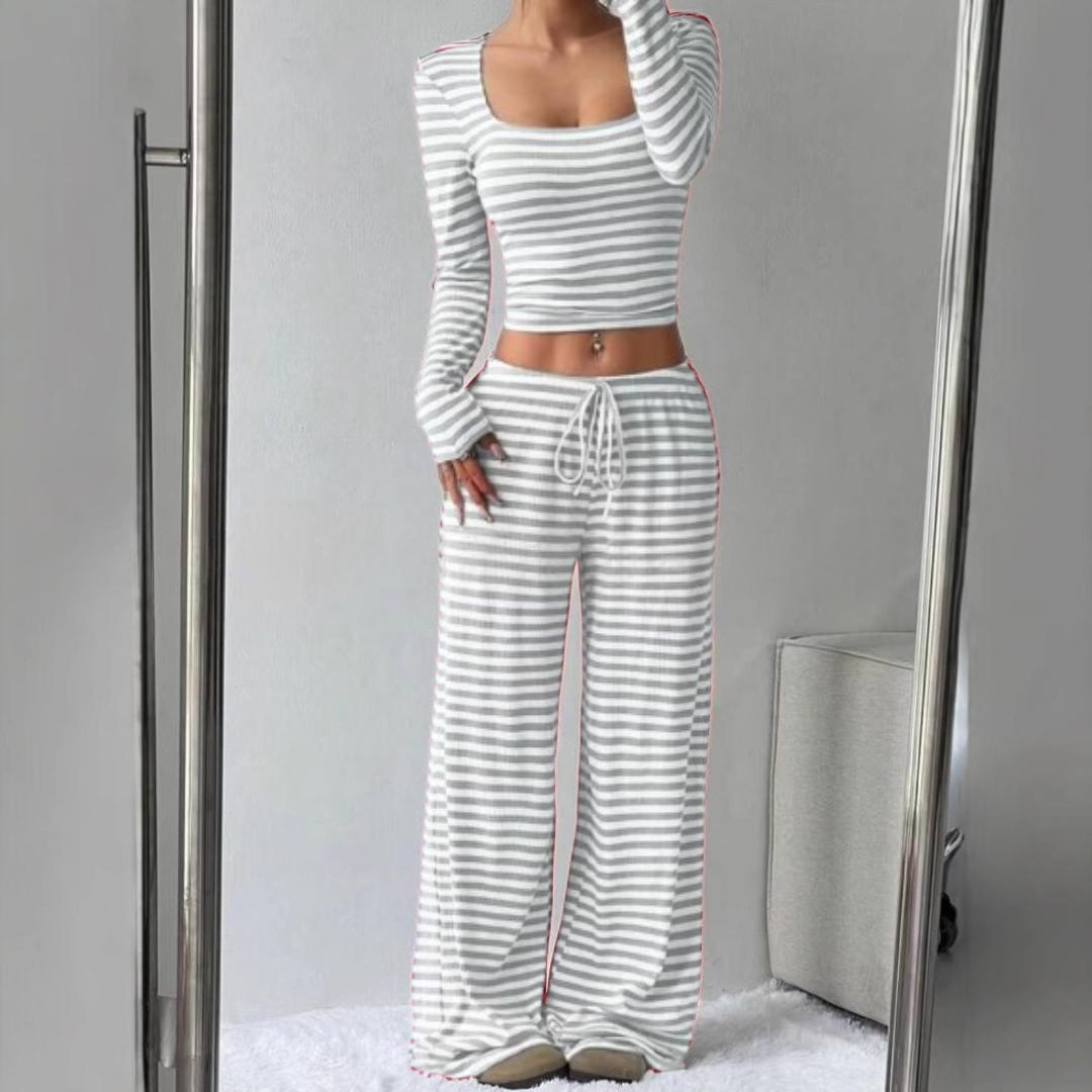 Jean – Casual Basic Top and Elastic Waist Pants Set