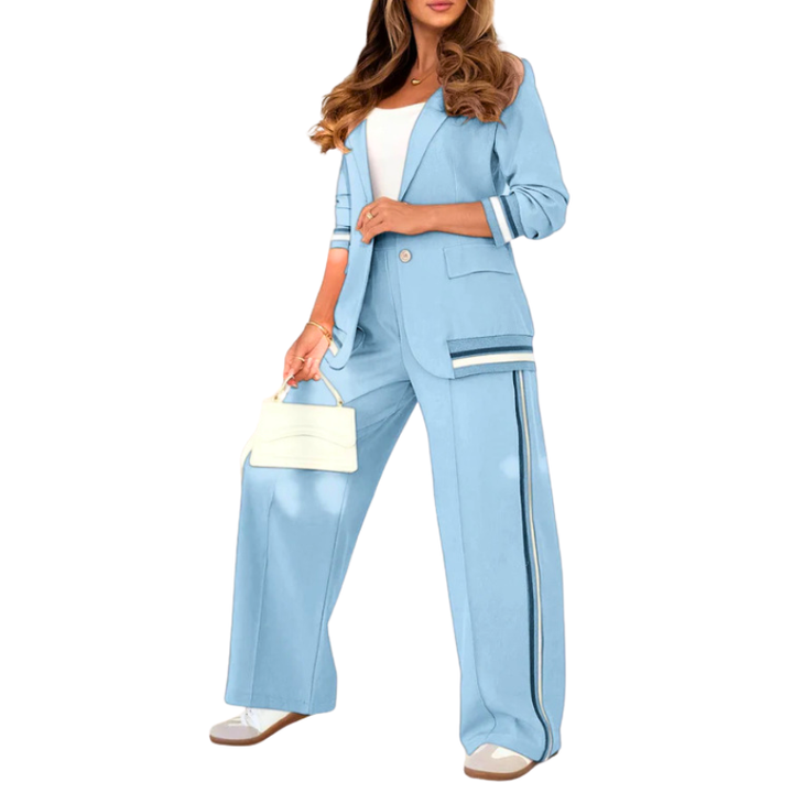 Anthea – Elegant Patchwork Lapel Neck Top and Elastic Waist Trouser Set