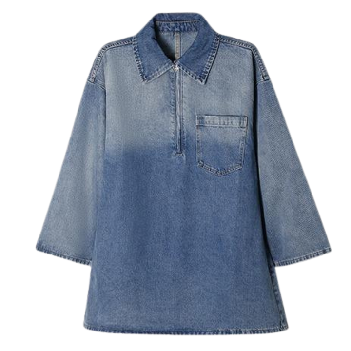 Maria – Loose Fit Half-Zip Collared Denim Dress with Chest Pocket