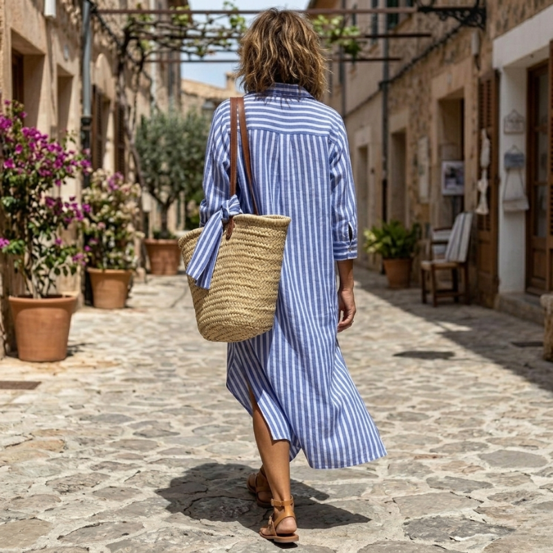 Sophia – Striped Linen Midi Shirt Dress