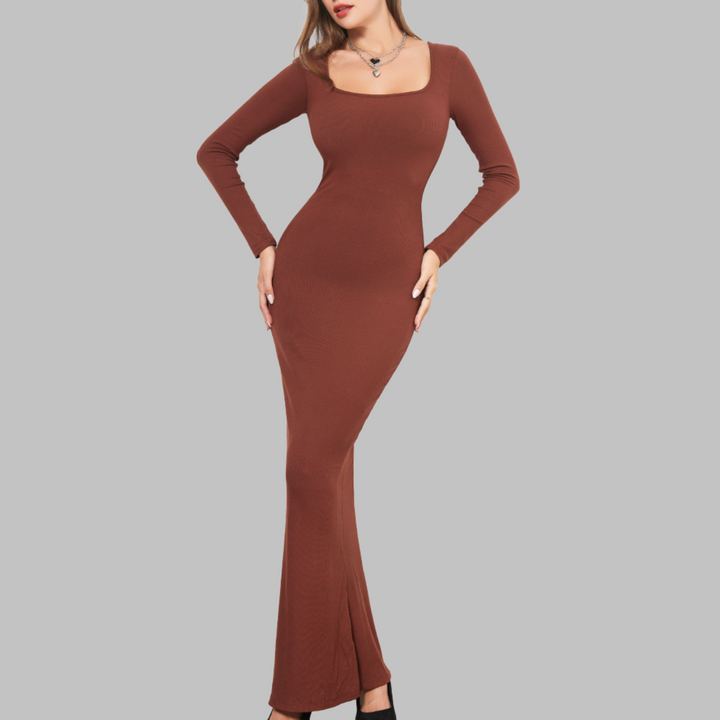 Cheryl – Casual Long Sleeve Built-In Shapewear Midi Dress