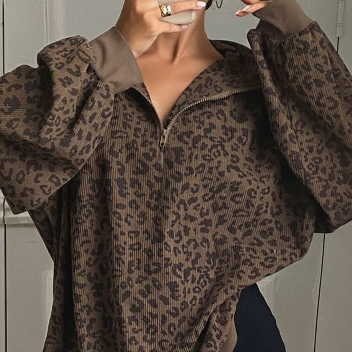 Ingrid – Casual Zip-Up Leopard Print Long Sleeve Sweatshirt
