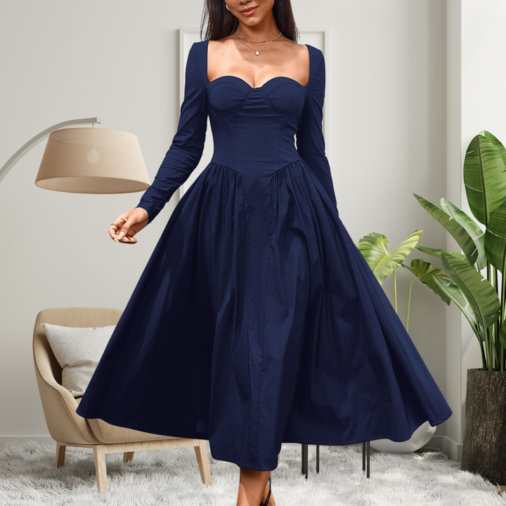 Cheryl – Elegant Heart Neckline Long Sleeve A-Line Maxi Dress