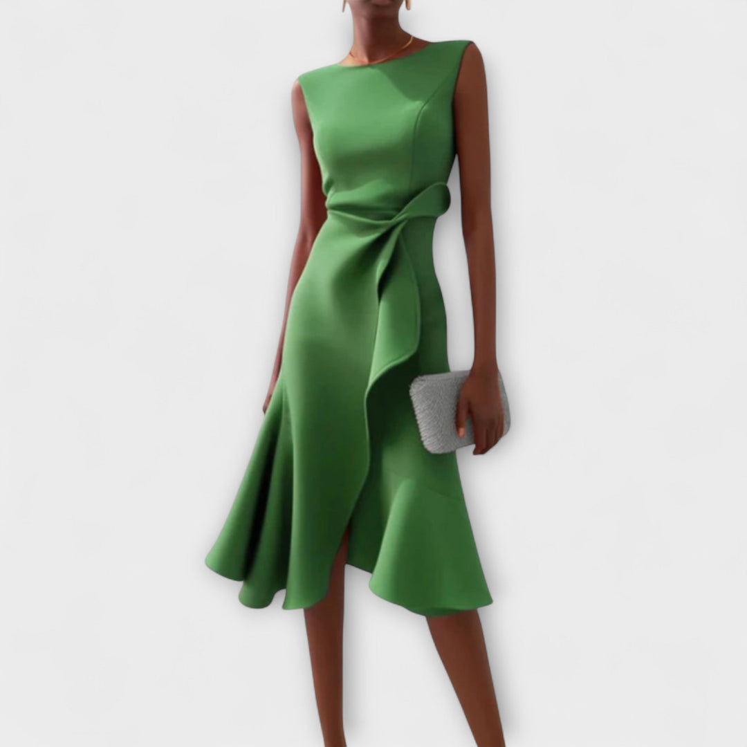 Stephanie – Draped Asymmetric Midi Dress