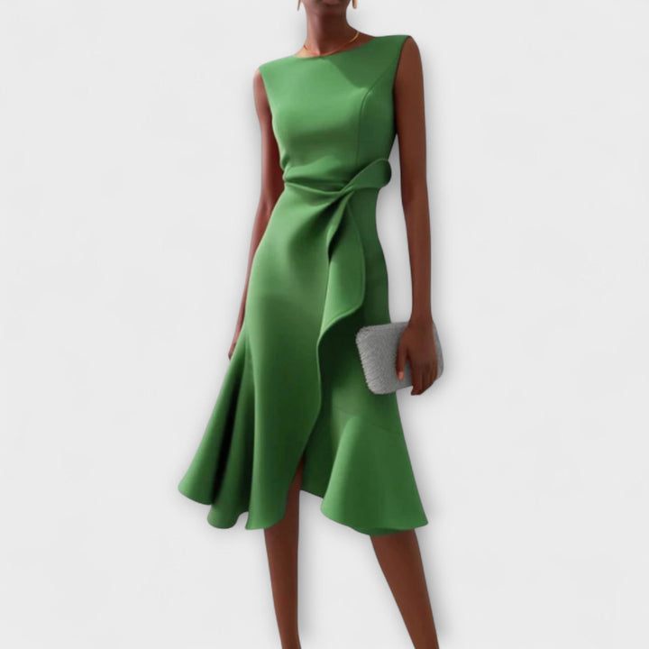 Stephanie – Draped Asymmetric Midi Dress