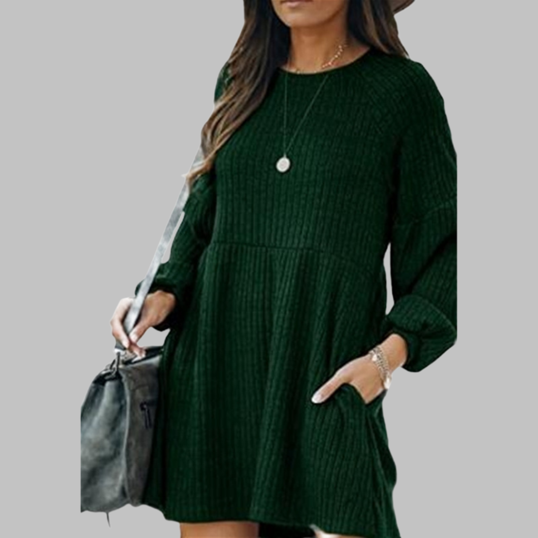 Anthea – Cosy Ribbed Bishop Sleeve Round Neck Mini Dress