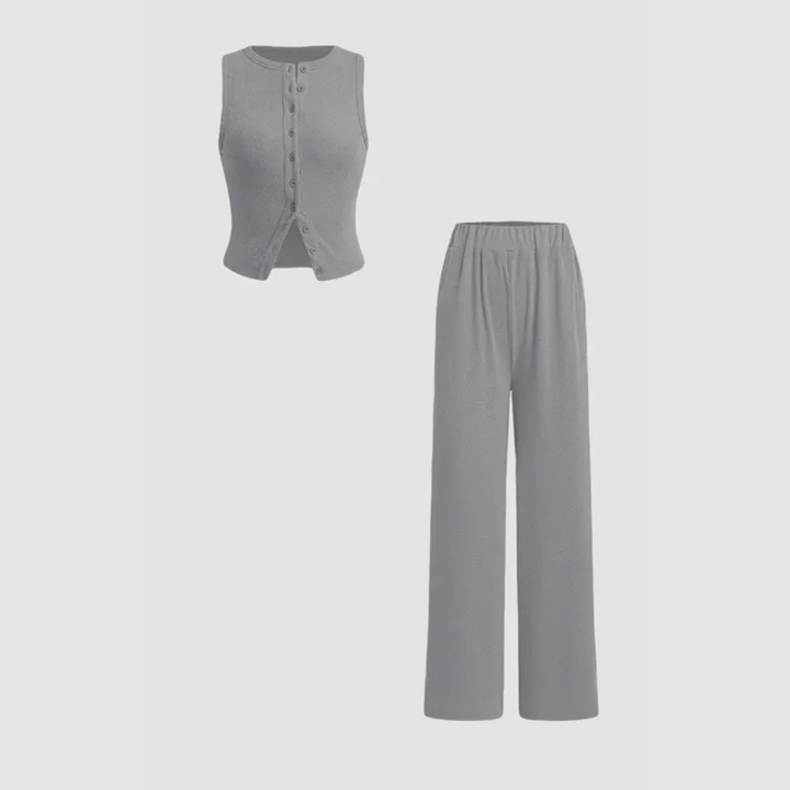 Claire – Elegant Ribbed Button Tank and Pants Set