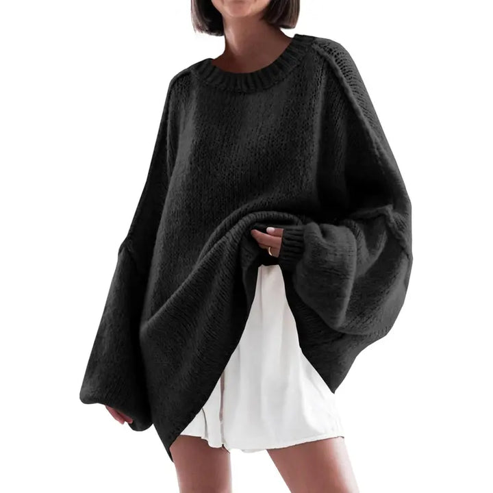Anthea – Ribbed Knit Mock Neck Batwing Long Sleeve Tunic Sweater