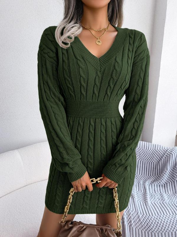 Holly – Cosy Long Sleeve V-Neck Cable Knit Sweater Dress