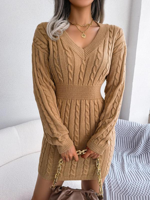 Holly – Cosy Long Sleeve V-Neck Cable Knit Sweater Dress