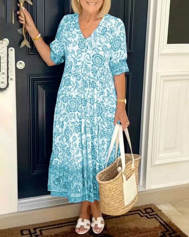 Sophie – Floral Midi Dress with Puff Sleeves