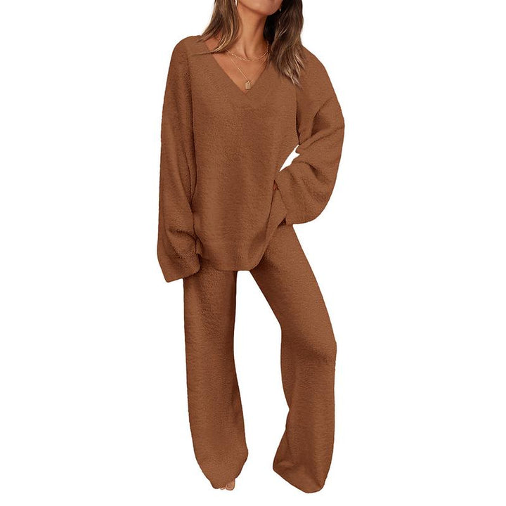 Rebecca – Soft Chunky V-Neck Top and Wide Leg Pants Lounge Set