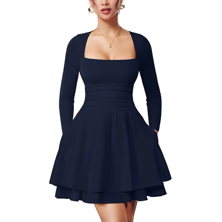 Winona – Square Neck Ruched Waist Long Sleeve Ruffle Hem Mini Dress