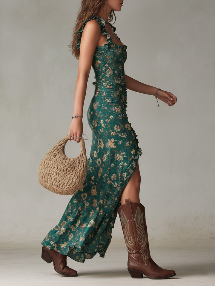 Marilyn – Boho Ruffled Sleeve High Slit Maxi Dress