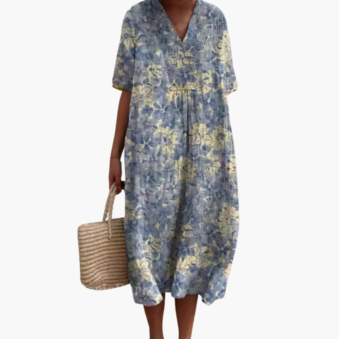 Shirley – Floral Cotton V-Neck Short Sleeve Oversized Casual Midi Dress