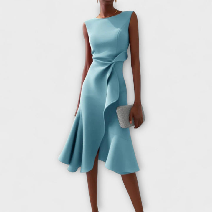 Stephanie – Draped Asymmetric Midi Dress