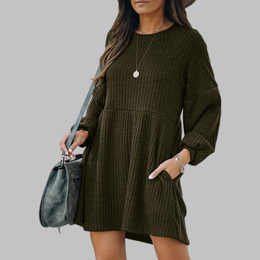 Anthea – Cosy Ribbed Bishop Sleeve Round Neck Mini Dress