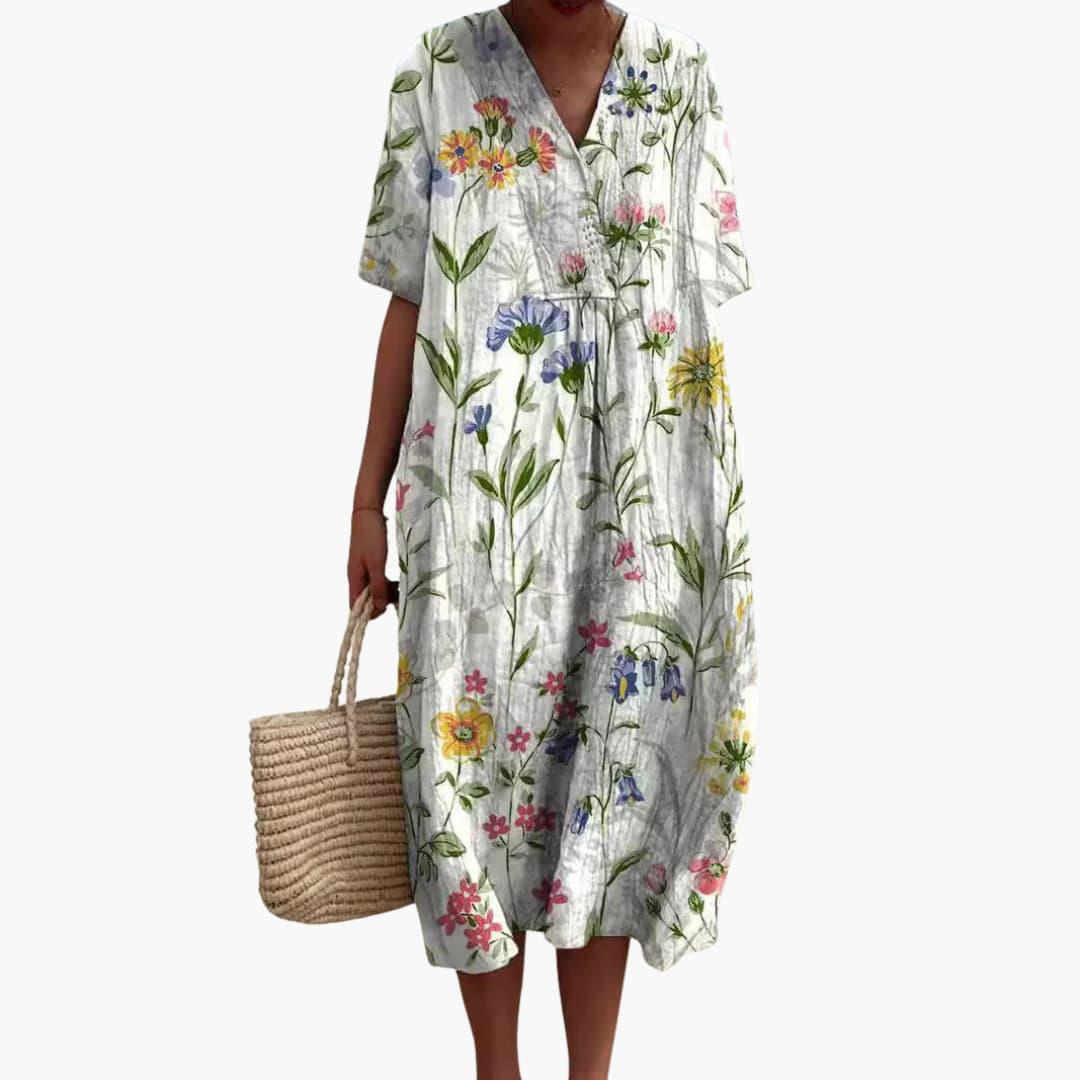 Shirley – Floral Cotton V-Neck Short Sleeve Oversized Casual Midi Dress