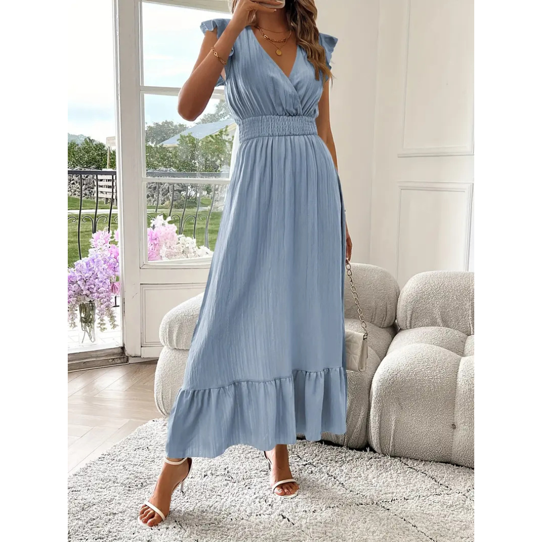 Sheena – Elegant Shirred V-Neck Summer Maxi Dress