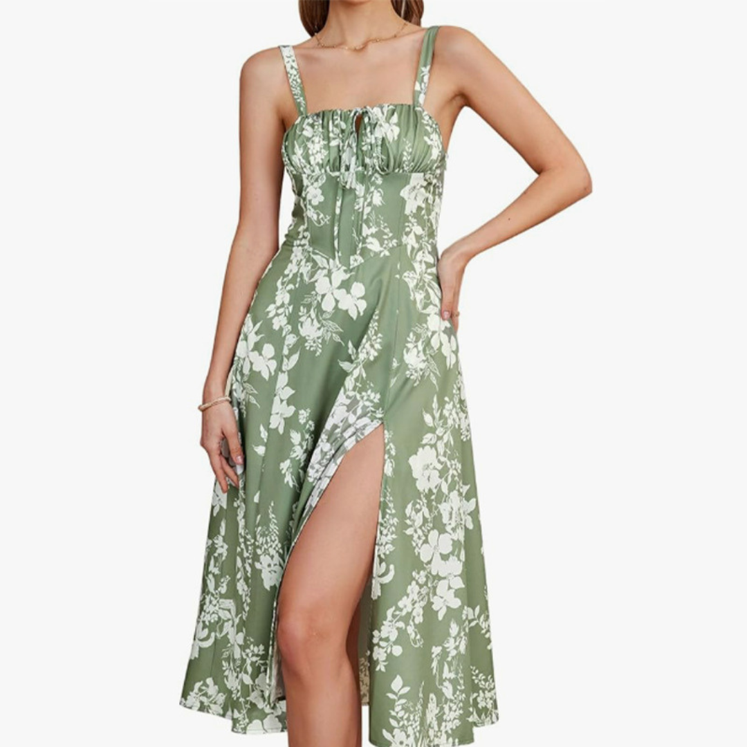 Anthea – Elegant Lace-Up Square Neck Midi Dress