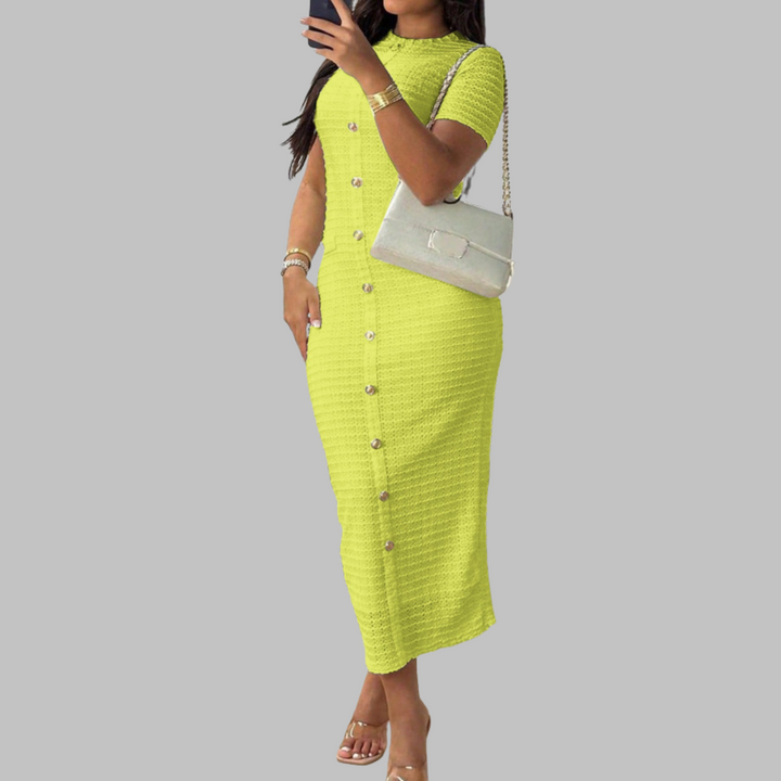 Rachel – Elegant Round Neck Faux Button Dress