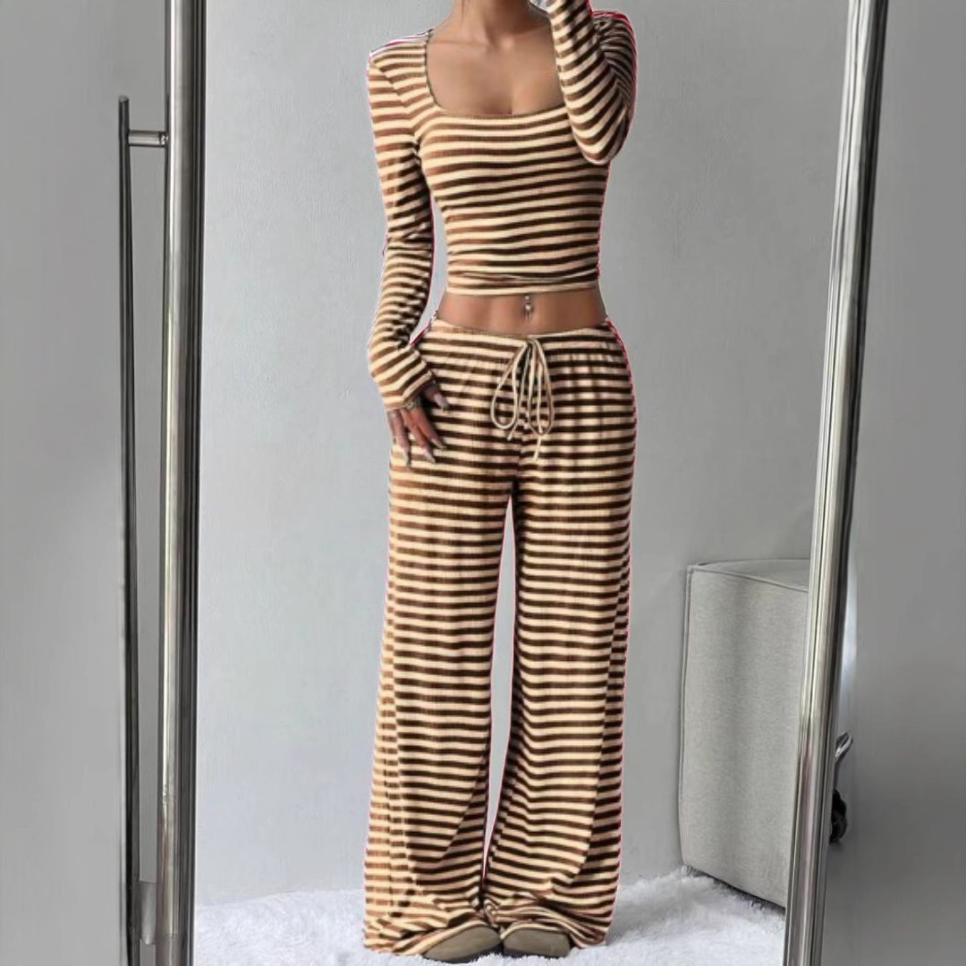 Stephanie – Ribbed Crop Top and Elastic Waist Pants Casual Set
