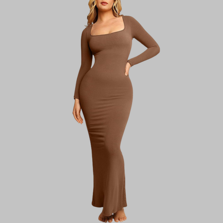 Cheryl – Casual Long Sleeve Built-In Shapewear Midi Dress