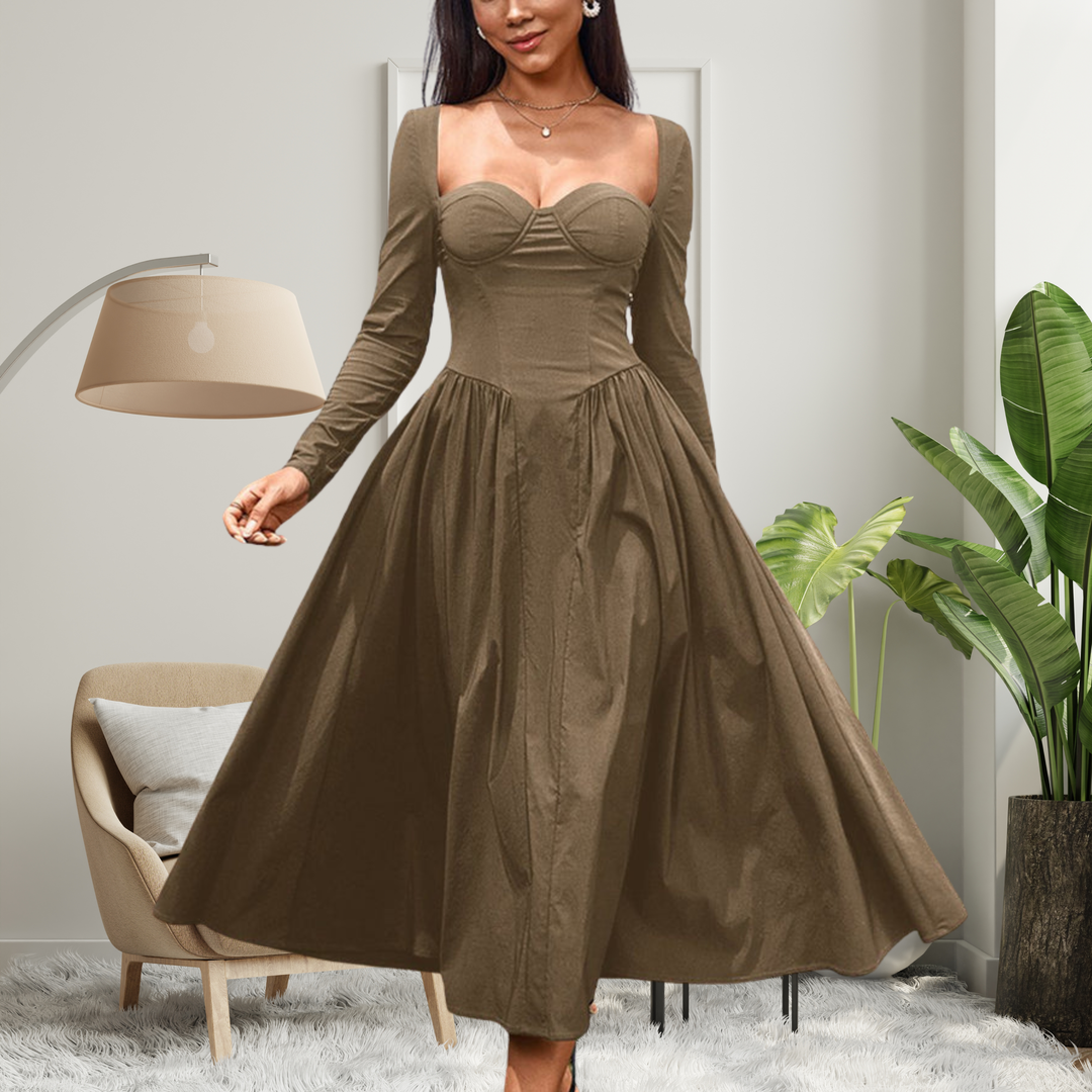 Cheryl – Elegant Heart Neckline Long Sleeve A-Line Maxi Dress