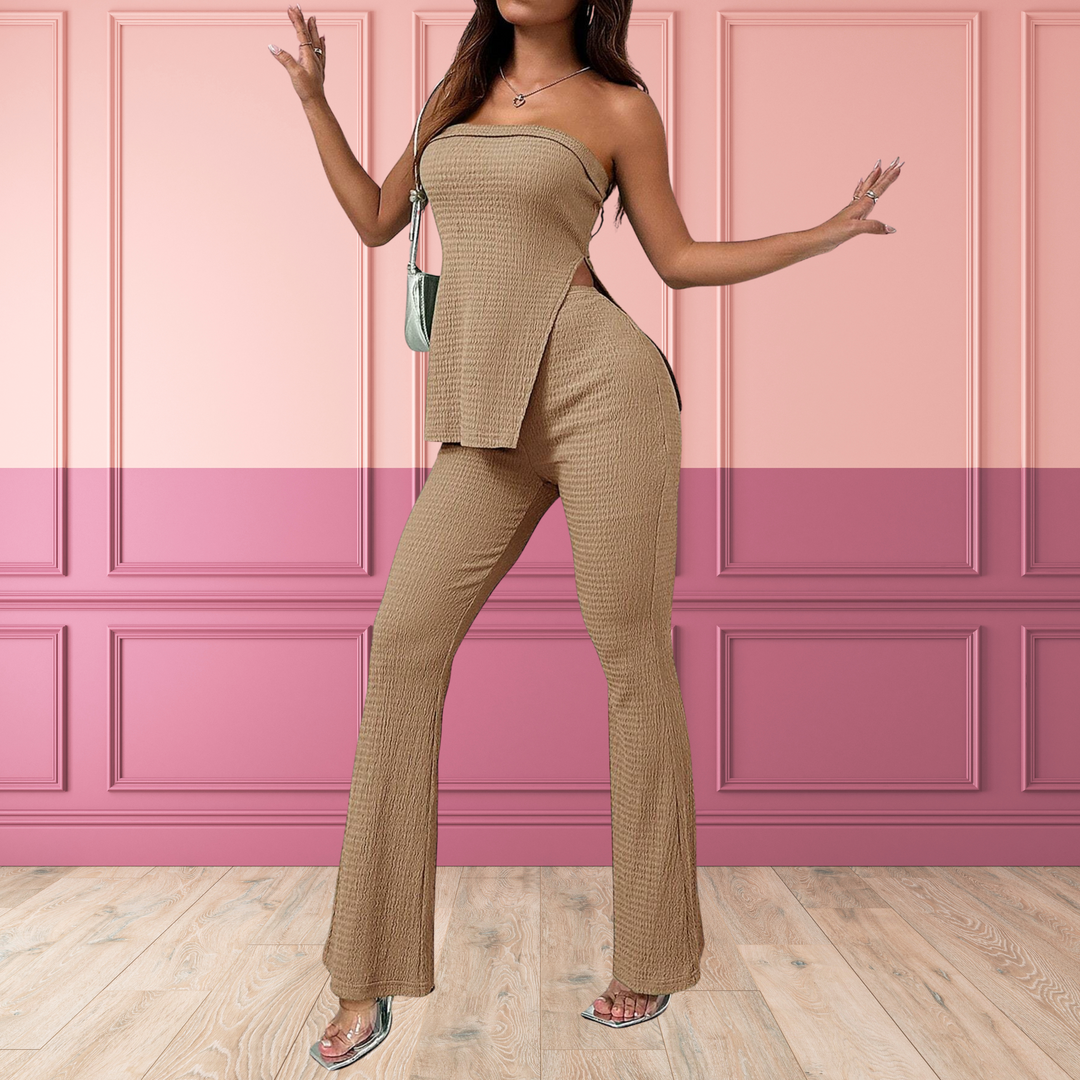 Jill – Elegant Split Hem Tube Top and High Waist Pants Set