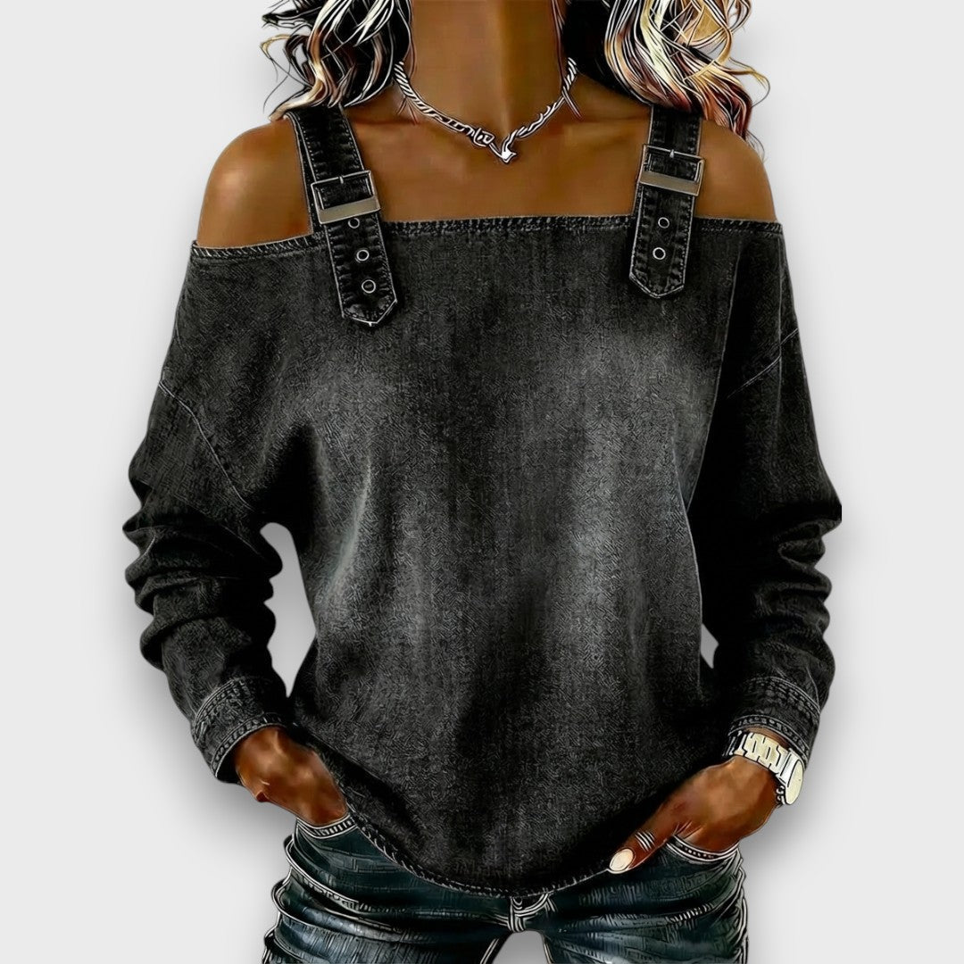 Danika – Off-Shoulder Denim-Look Long Sleeve Top