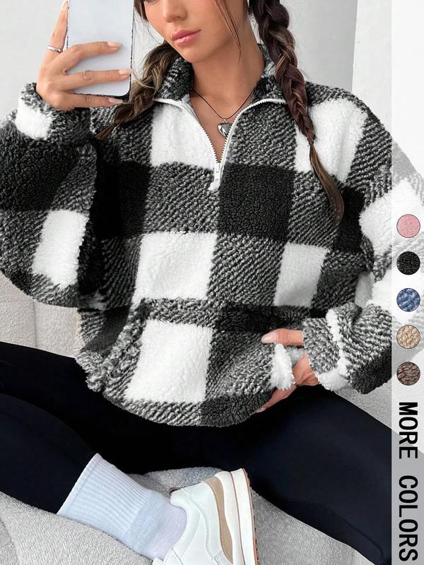 Jill – Stylish Plaid Print Half Zip Casual Long Sleeve Sweatshirt
