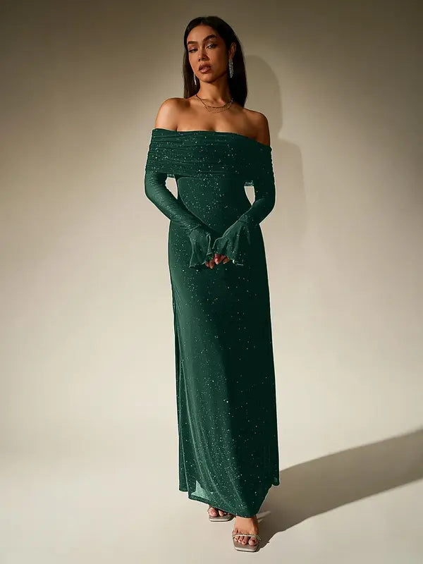 Andrea – Off-The-Shoulder Ruched Contrast Sequin Bodycon Dress