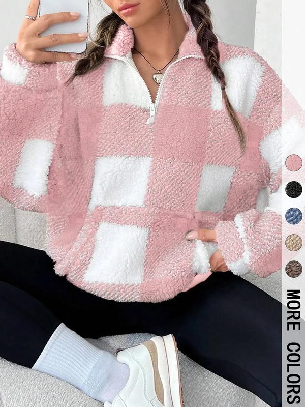 Jill – Stylish Plaid Print Half Zip Casual Long Sleeve Sweatshirt