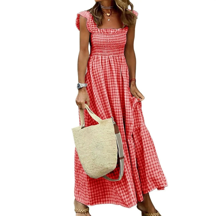 Sandra – Retro Checked Smocked Midi Dress