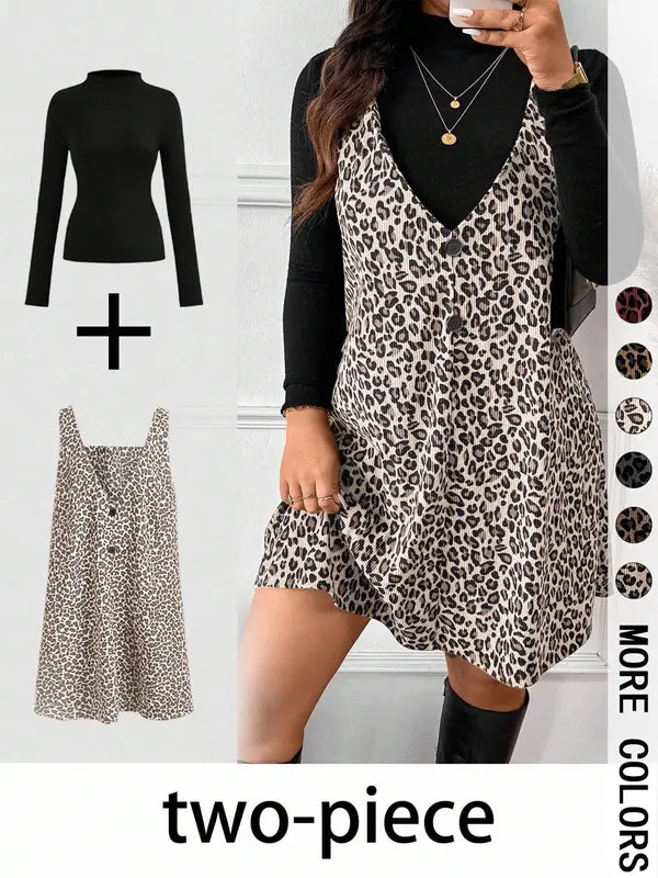Cressida – High Neck Top and Leopard Print Strap Skirt Two-Piece Set